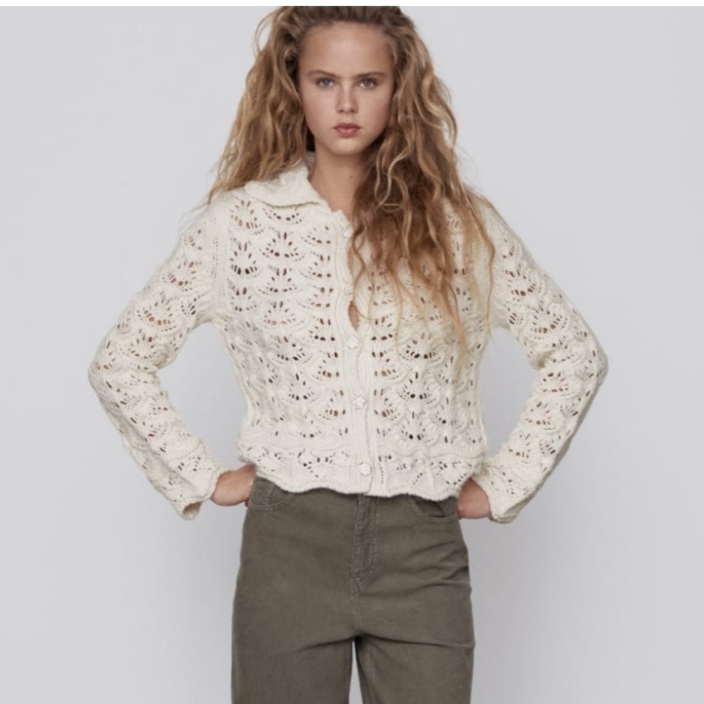 Zara Macrame Knit Cardigan Crochet Lady Jacket Cardigan Ecru cream nwot - Picture 3 of 10
